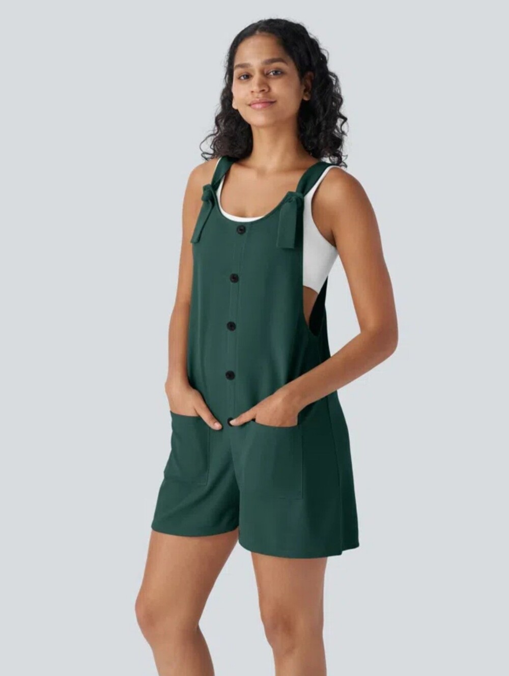 Halara Waffle Knit Overall Romper Shorts Forest Biome Green Size S NWT